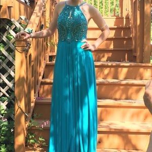 Blue, jeweled prom dress